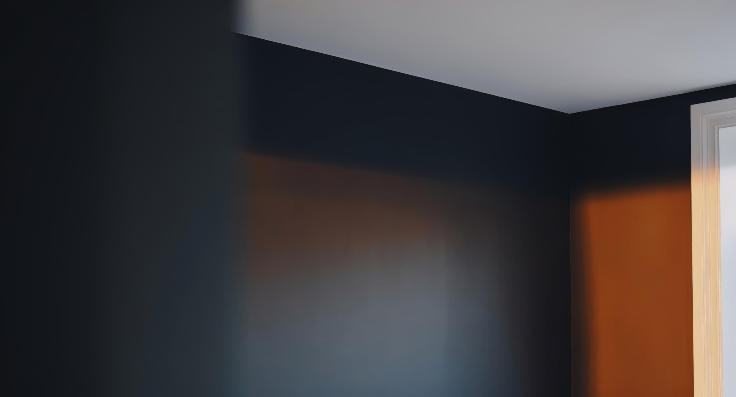 Freshly decorated interior with a deep charcoal feature wall, crisp painted ceiling and a clean cut-in line, warm light raking across the surface